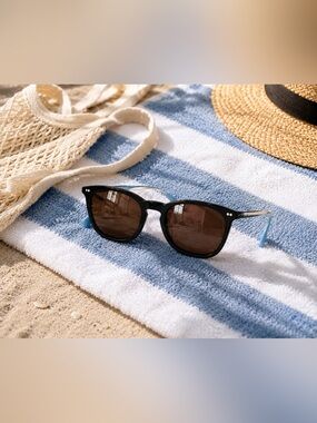 Toms Black Frame Sunglasses with Brown Lenses and Light Blue Temples